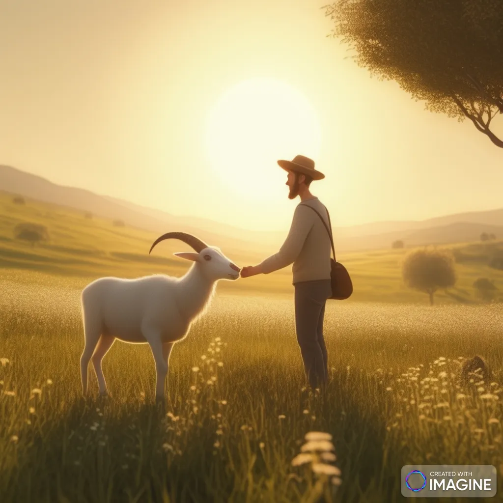 a man in a hat is petting a goat