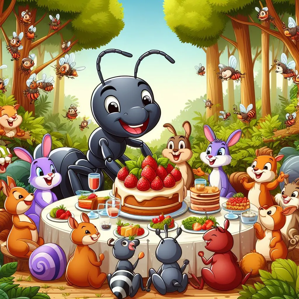 a group of animals around a table with a cake