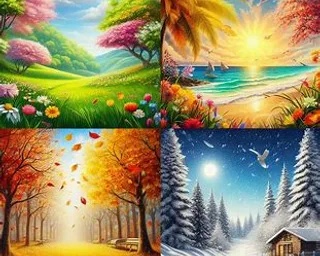 four different paintings of trees and flowers