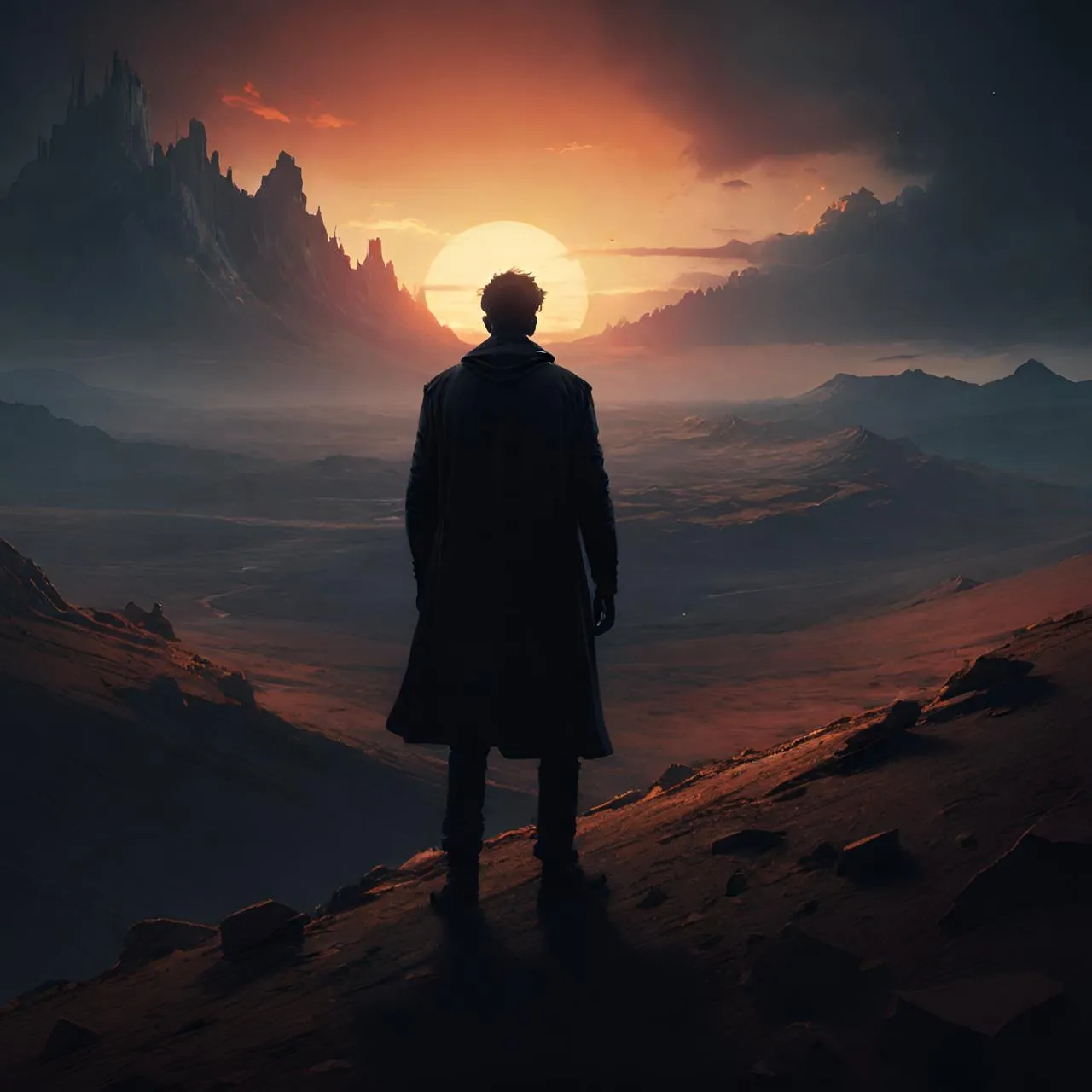 a man standing on top of a mountain under a sunset