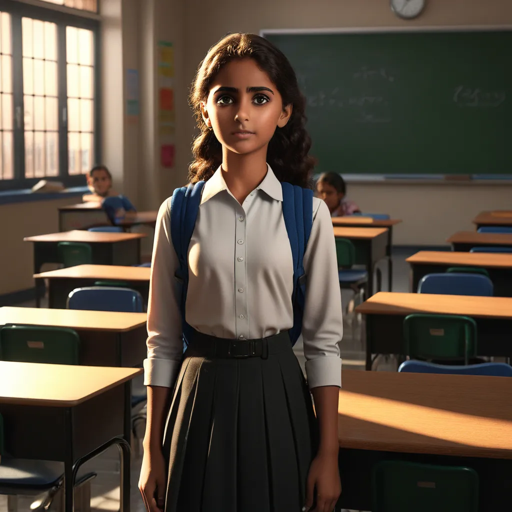 a woman standing in front of a classroom full of desks