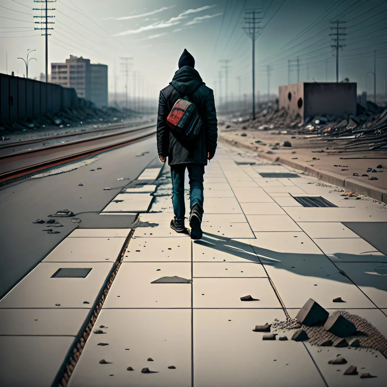 a man walking down a train track next to a train track