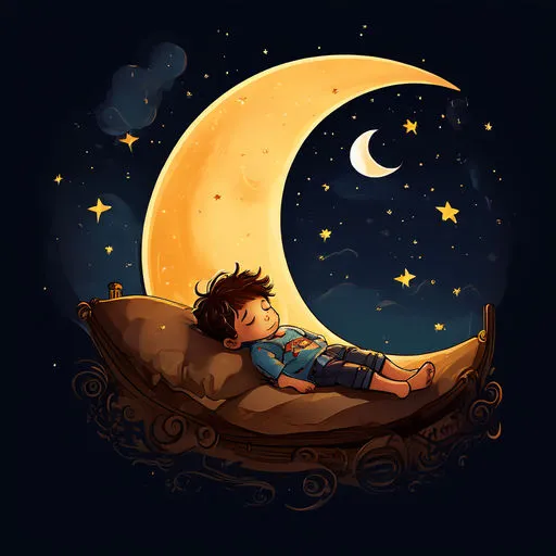 a little boy sleeping on a pillow with the moon in the background