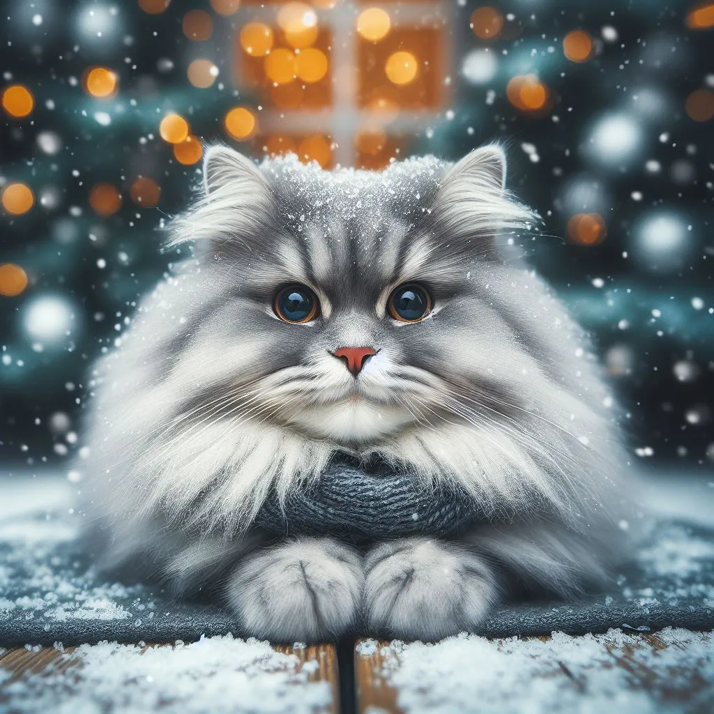 a fluffy gray cat sitting on top of a wooden table  The cat is squinting from the snow