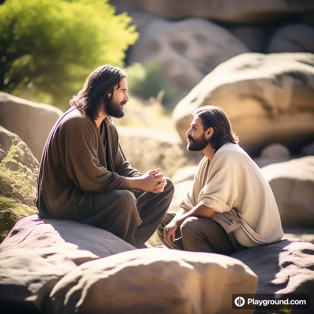 a man sitting on top of a rock next to another man