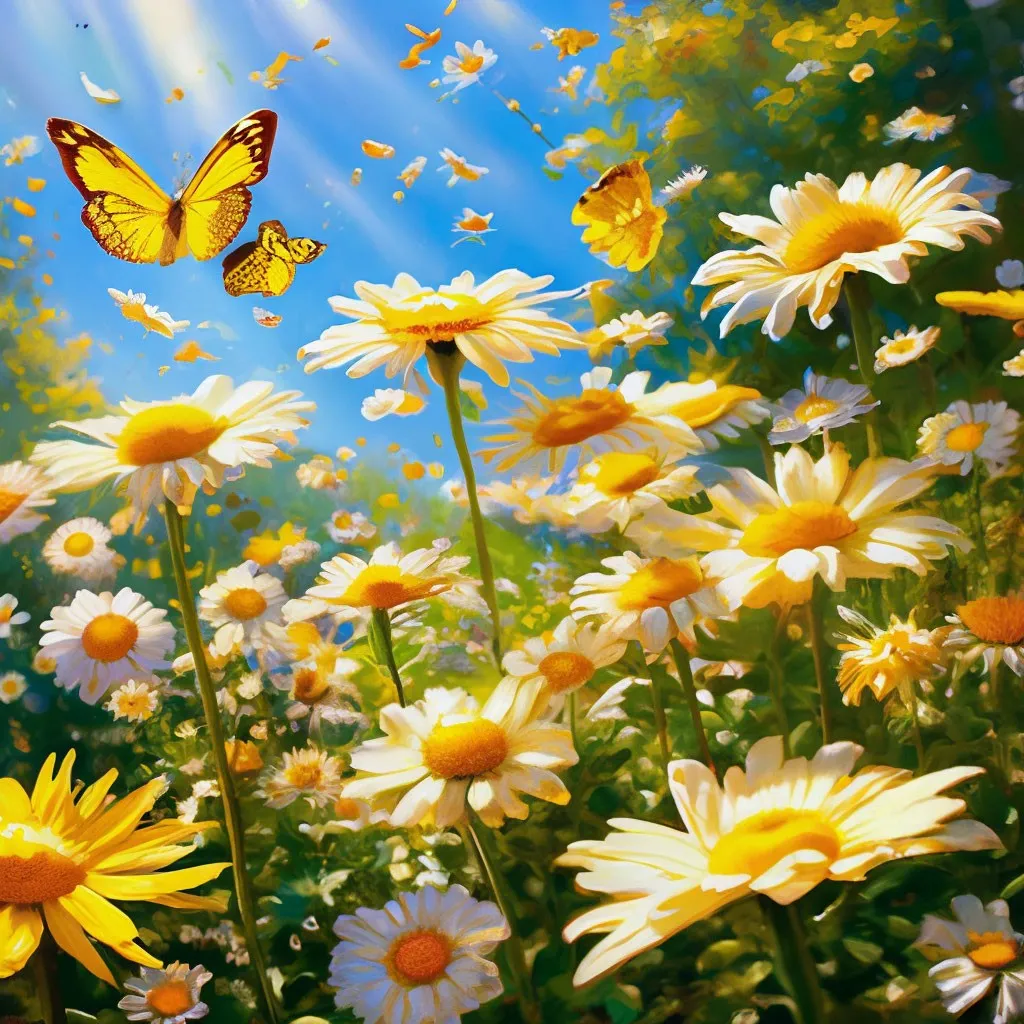 a painting of yellow butterflies flying over a field of daisies