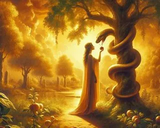 a painting of a woman and a snake in a forest