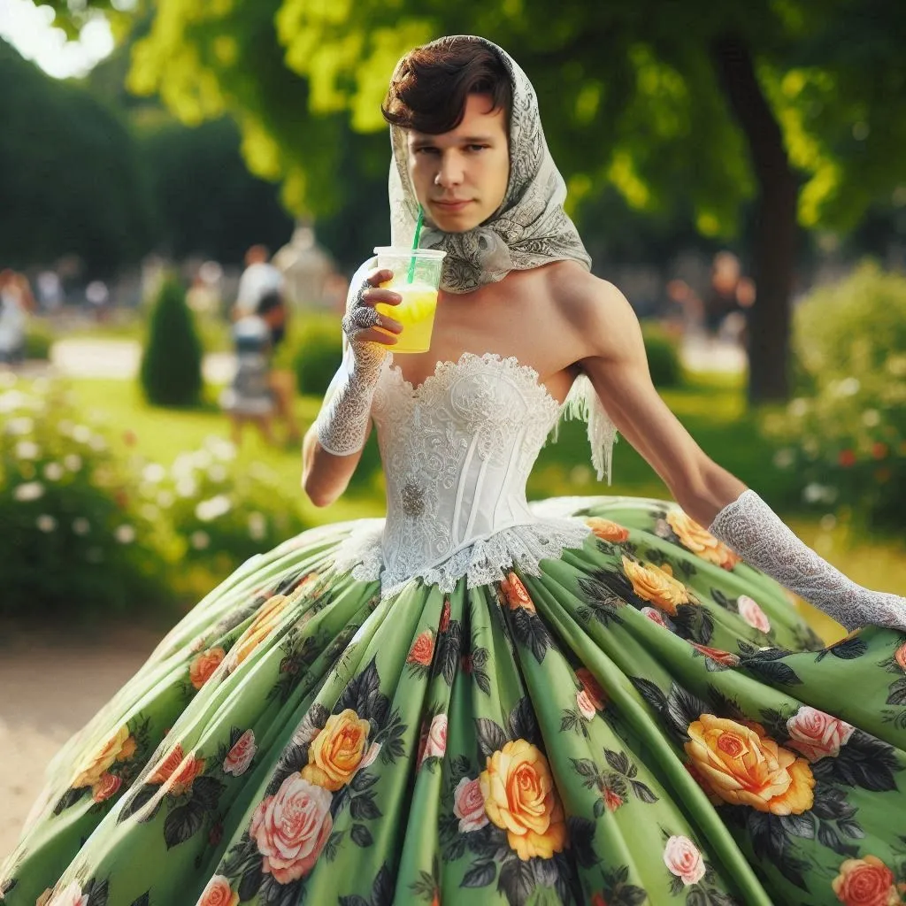 a man in a green dress holding a drink