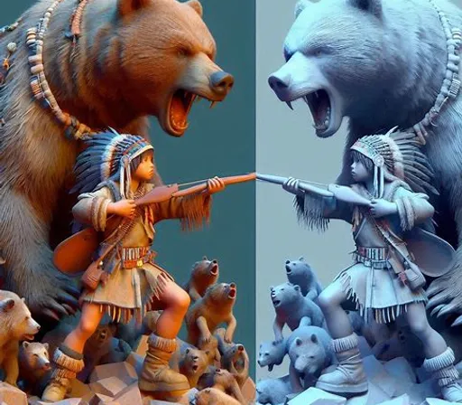 two pictures of a statue of a bear and a woman with a rifle