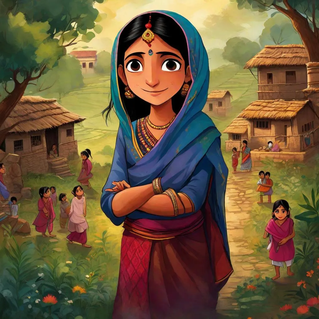 a painting of a woman standing in front of a village going to home 