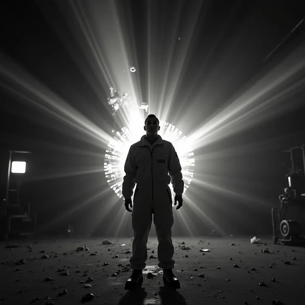 a man standing in front of a bright light,  In the background there is a bright flash coming from a strange crystal, the man's body was subjected to X-ray irradiation, which illuminates his figure, The body is illuminated by the light of a crystalline flash, on which its internal organs are clearly visible. The photo was taken at a low angle, the lens was positioned directly in front of the subject. A small depth of field blurs the background, making the human figure clearer, while the X-ray beam continues to illuminate it from behind. This creates a feeling of dramatic tension, as if the bright glow of X-rays is imprinted in the viewer's mind.The lighting in the composition is characterized by a high degree of contrast, thanks to the deep black and dazzling white colors, which enhance the feeling of tension and surprise. The use of a limited color palette, dominated by black and white colors, sharply contrasting with the bright brightness of X-rays, contribute to creating a mesmerizing effect. The picture shows a scene with anatomical details that is both stunning and exciting