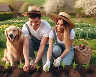 a man and a woman kneeling in the dirt with a dog