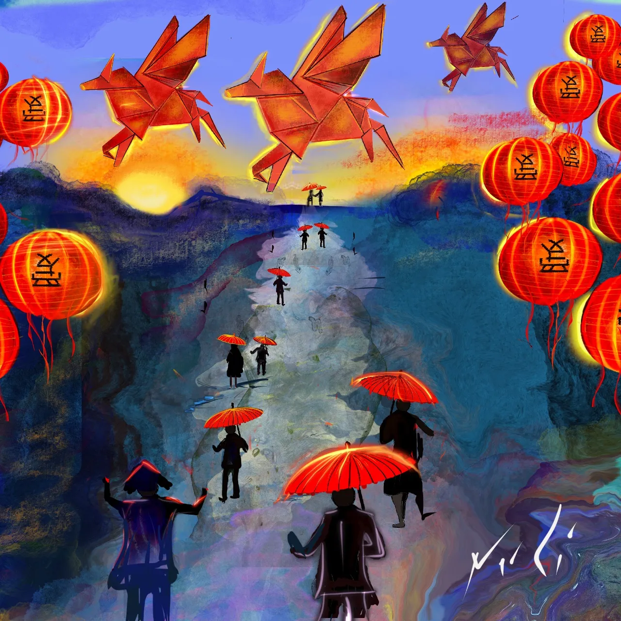 a painting of people walking down a path with umbrellas, they are moonwalking