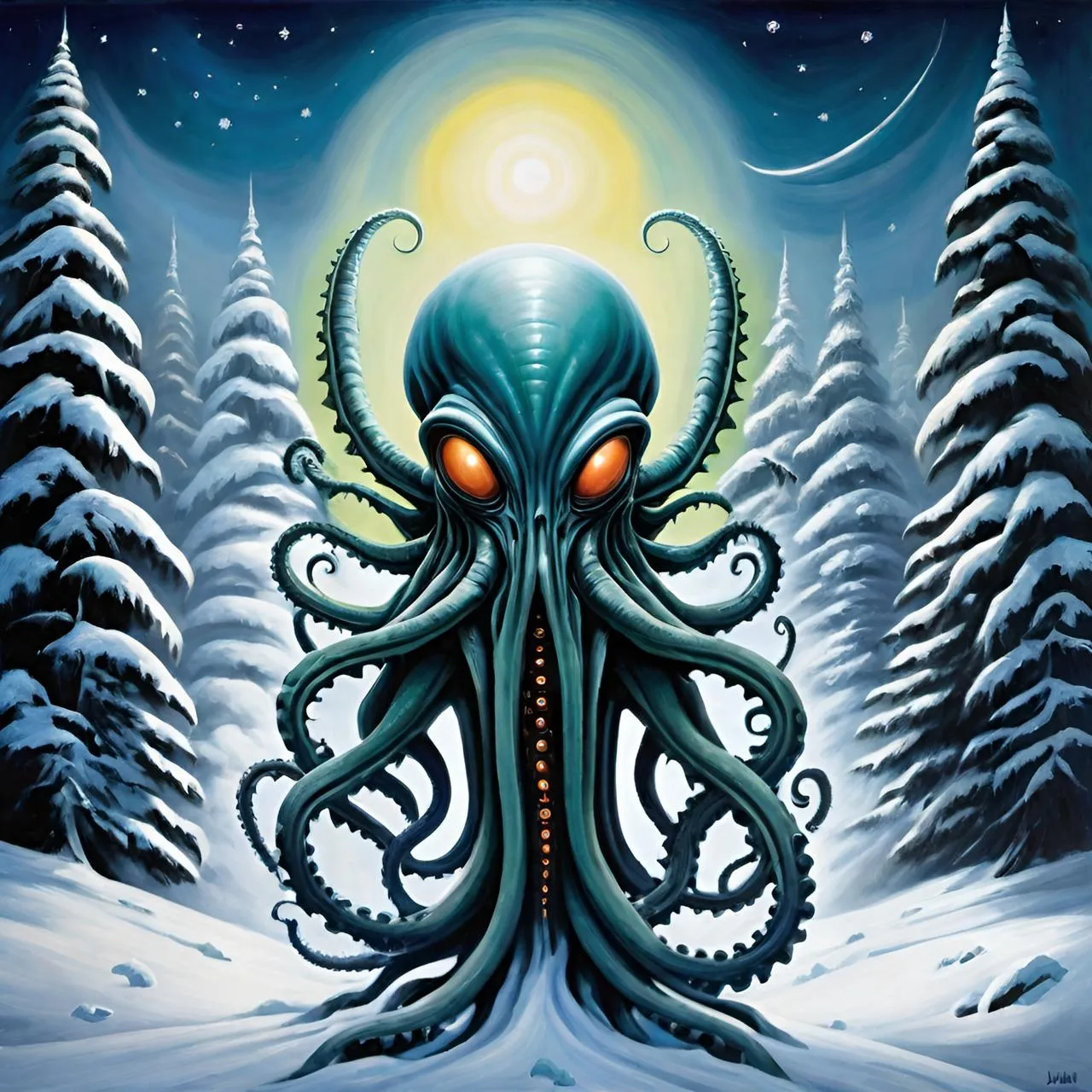 a painting of an octopus in the snow