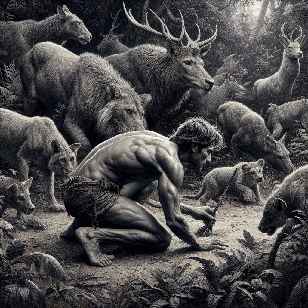 a man kneeling down in front of a herd of animals