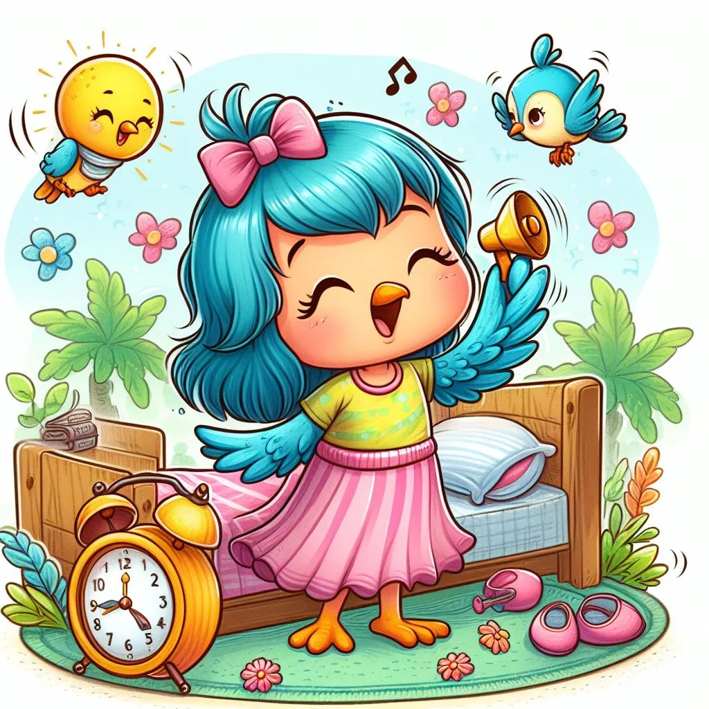 a little girl with blue hair and a pink dress standing in front of a bed