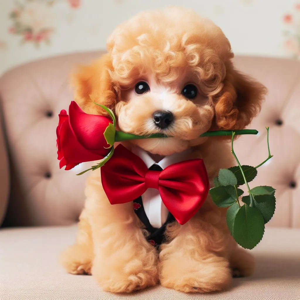 a dog with a red bow tie and a rose in its mouth