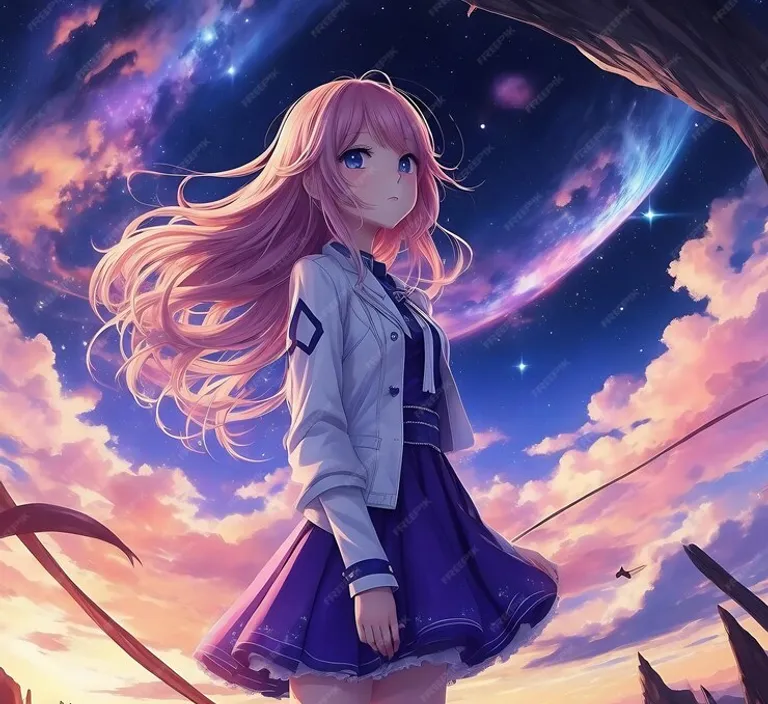 a girl standing in front of a sunset