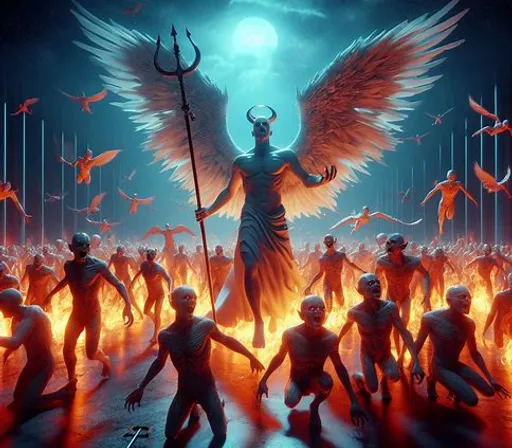 a painting of a demon surrounded by people