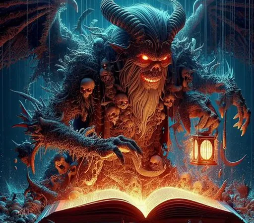 a book with a demon on top of it