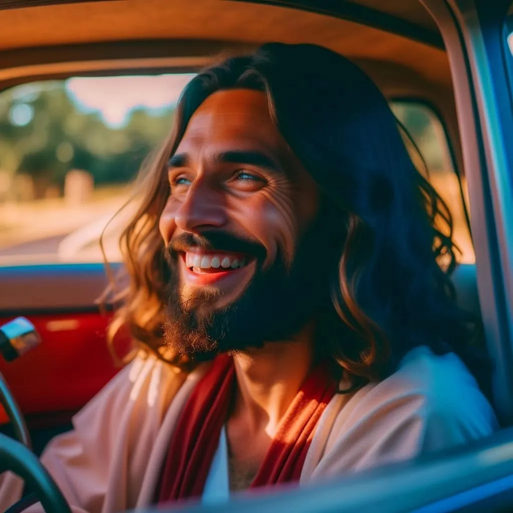 a man with long hair driving a car