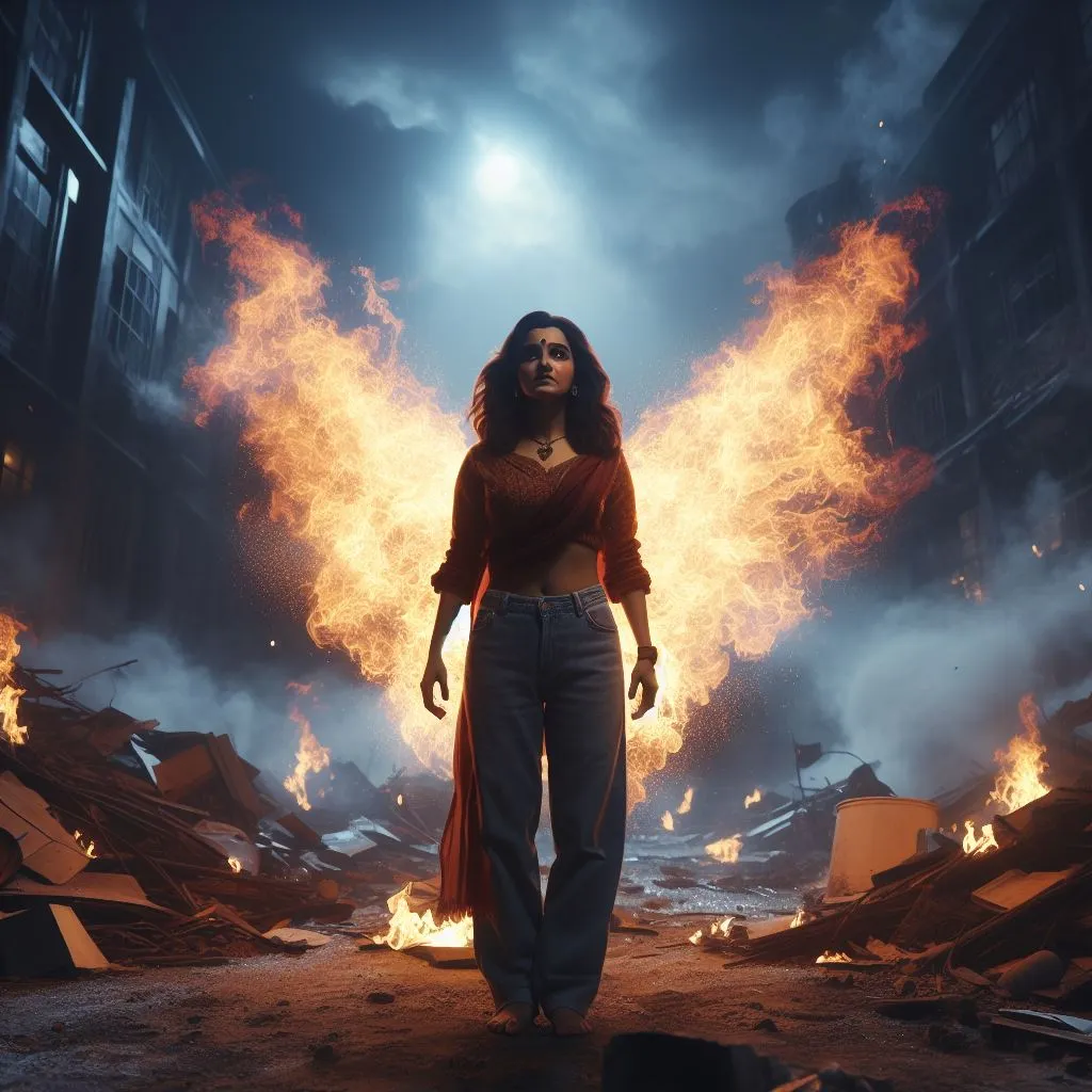 image of a powerful shot of the woman protagonist standing tall, surrounded by flames, symbolizing their unstoppable spirit.