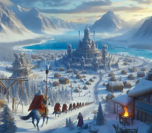 a painting of a fantasy city in the snow