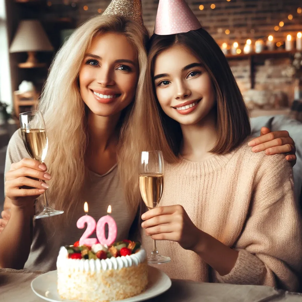 two beautiful young women sitting at a table with a cake