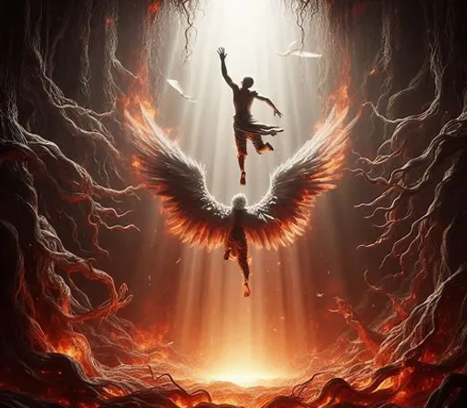 a man flying through the air over a fire filled forest