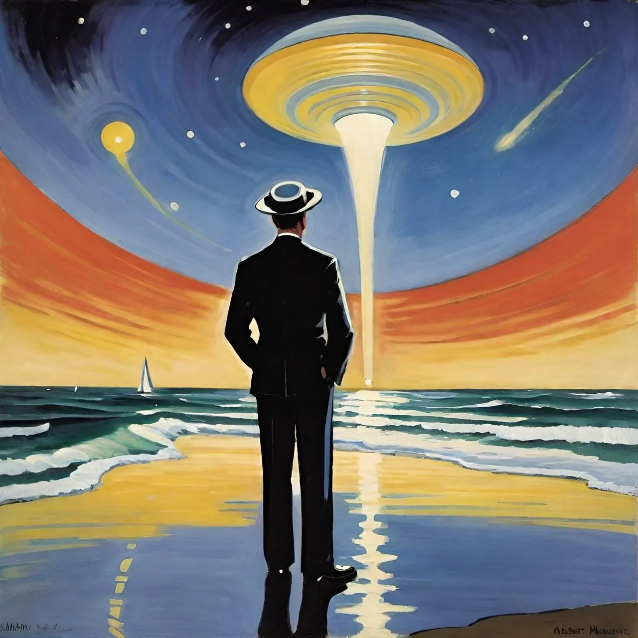 a painting of a man standing in front of the ocean