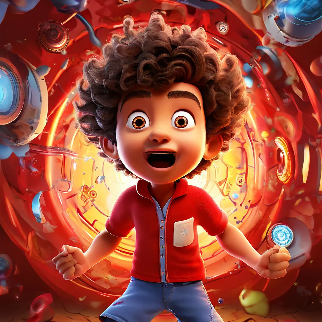 a young boy with curly hair standing in front of a clock, make the complete scene look real 