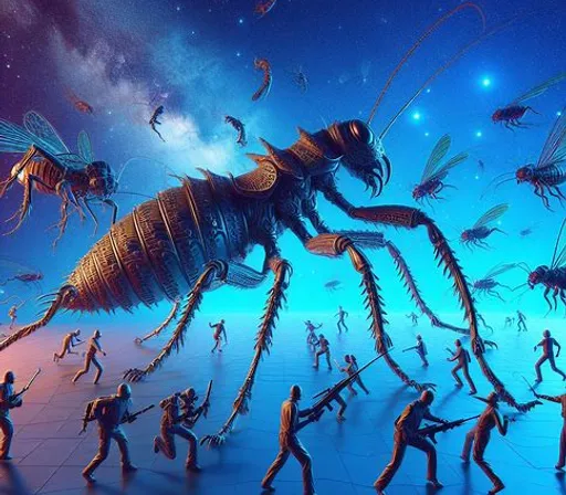 a group of people dancing around a giant insect