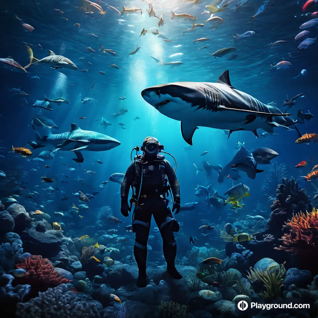 a man in a scuba suit standing in front of a shark