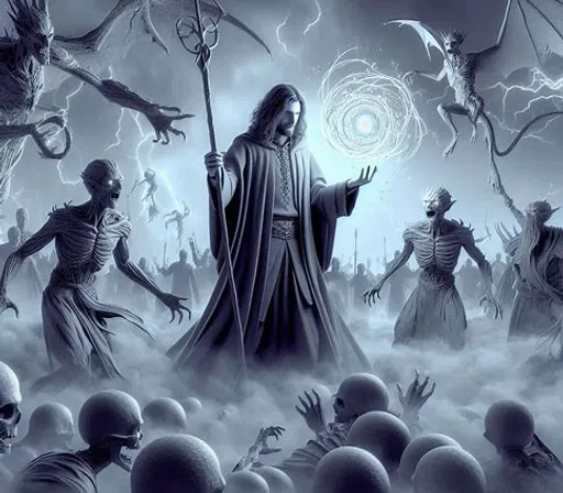 a painting of a wizard surrounded by skeletons