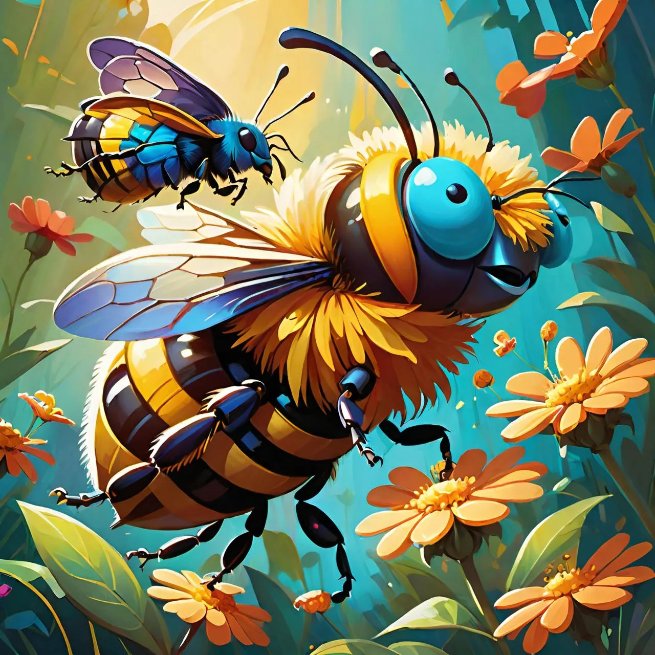 a painting of two bees in a field of flowers