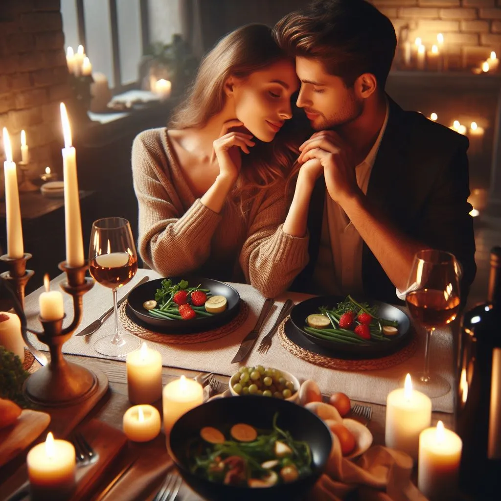 image of Intimate Candlelit Dinner: A romantic dinner scene where the couple shares affectionate glances and tender touches.