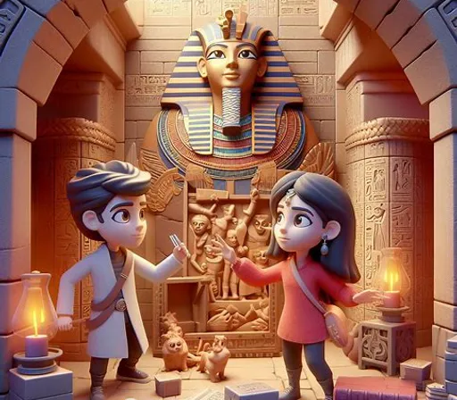 an egyptian scene with a boy and a girl in front of an egyptian temple