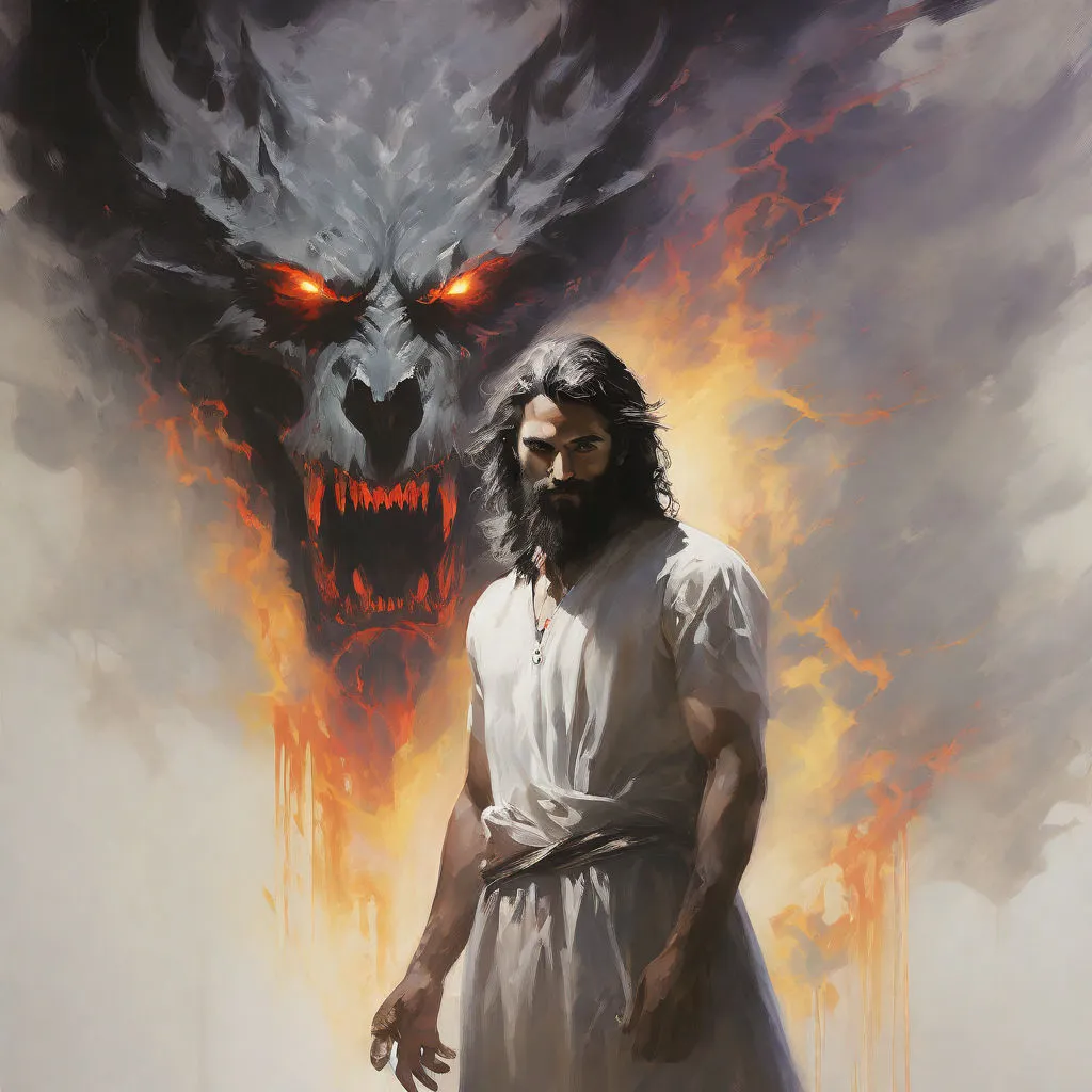 a painting of a man standing in front of a demon