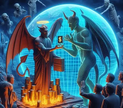 a painting of a demon and a demon in front of a globe