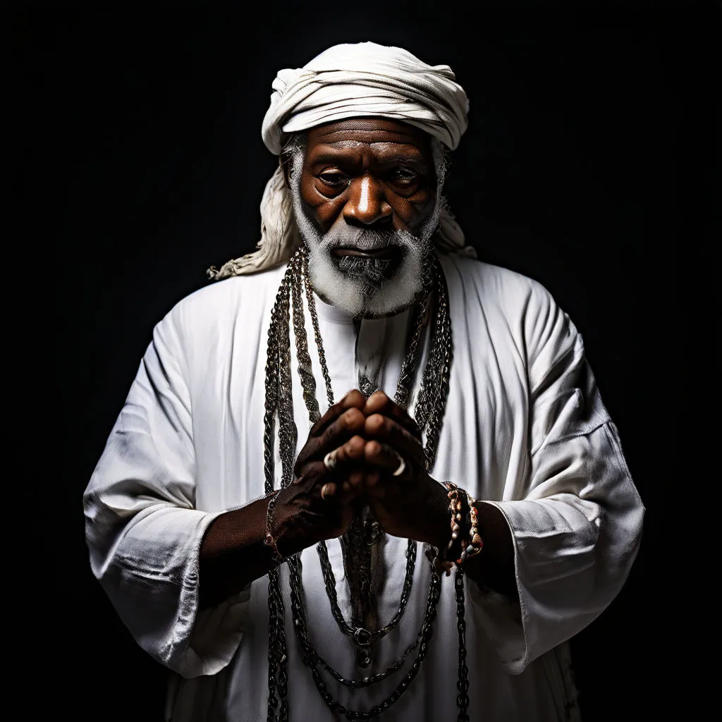 a man with a white turban and chains around his hands