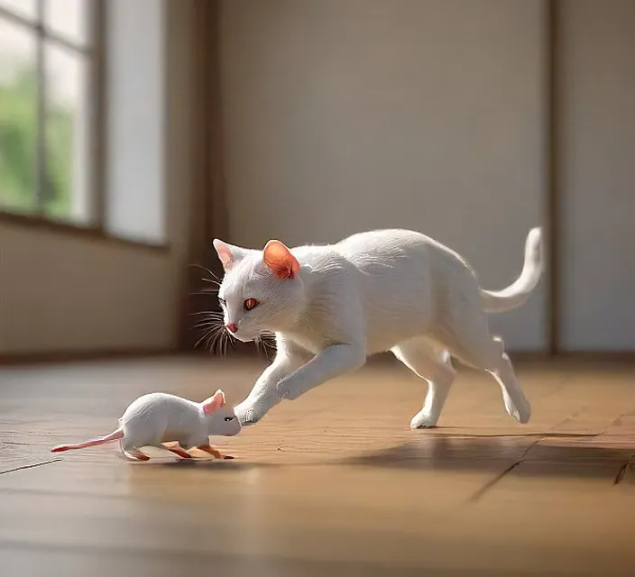 a white cat chasing a white mouse on the floor