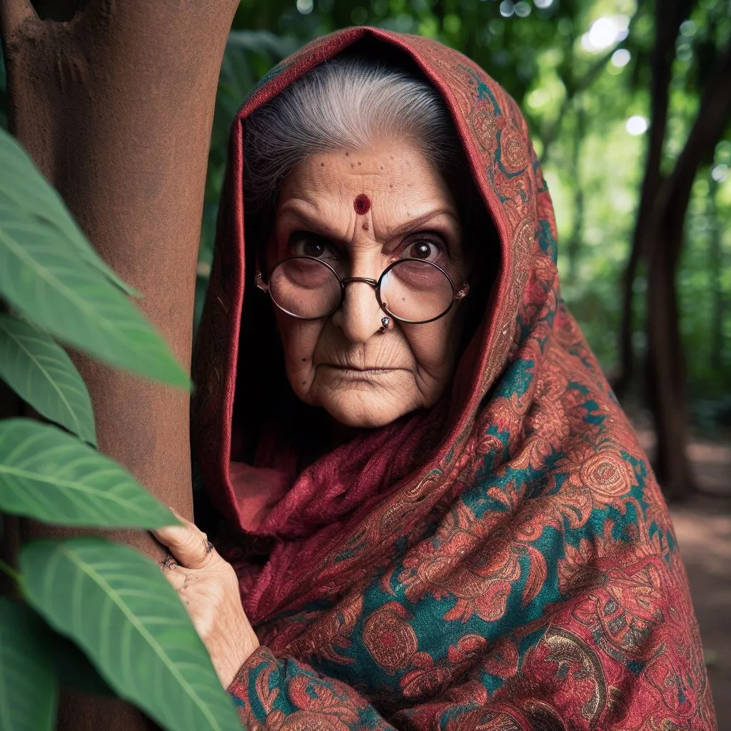 a woman in a red and blue sari and glasses