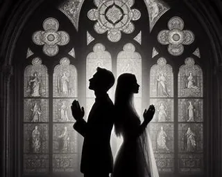 a black and white photo of a couple in front of a stained glass window