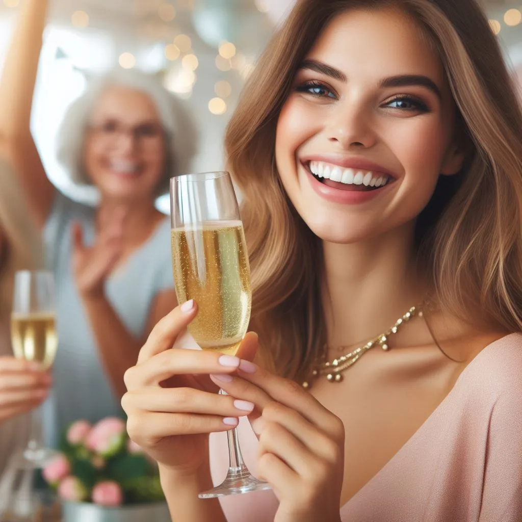 a woman is holding a glass of champagne