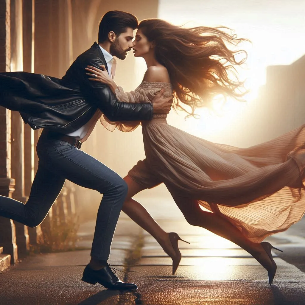 image of an emotional scene in which the man and the woman find each other, running towards each other and embracing passionately.