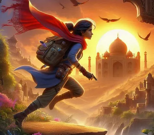 a woman with a backpack and a bird flying over a city