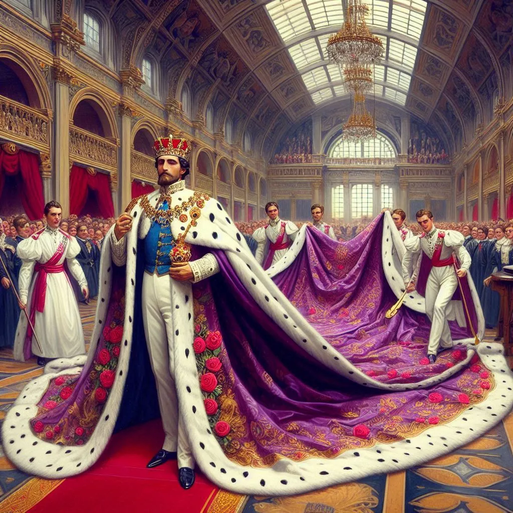 Ludwig II of coronation train trying on a mantle pages in white gown in purple giant silk coronation robes 