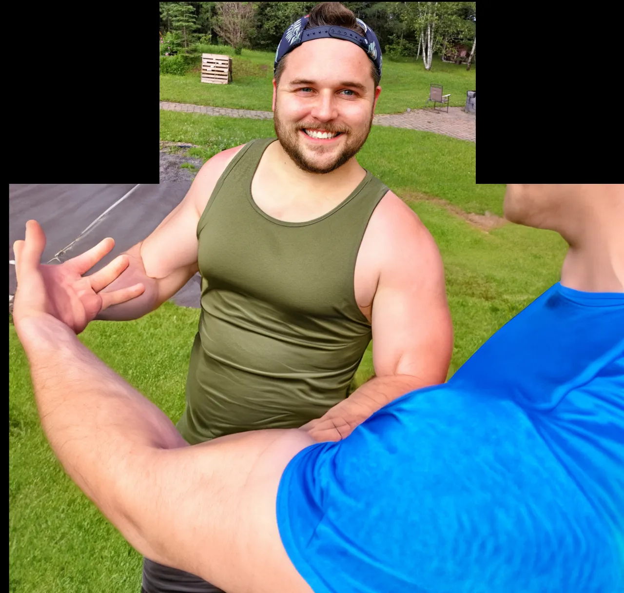 a man in a green tank top and blue shorts