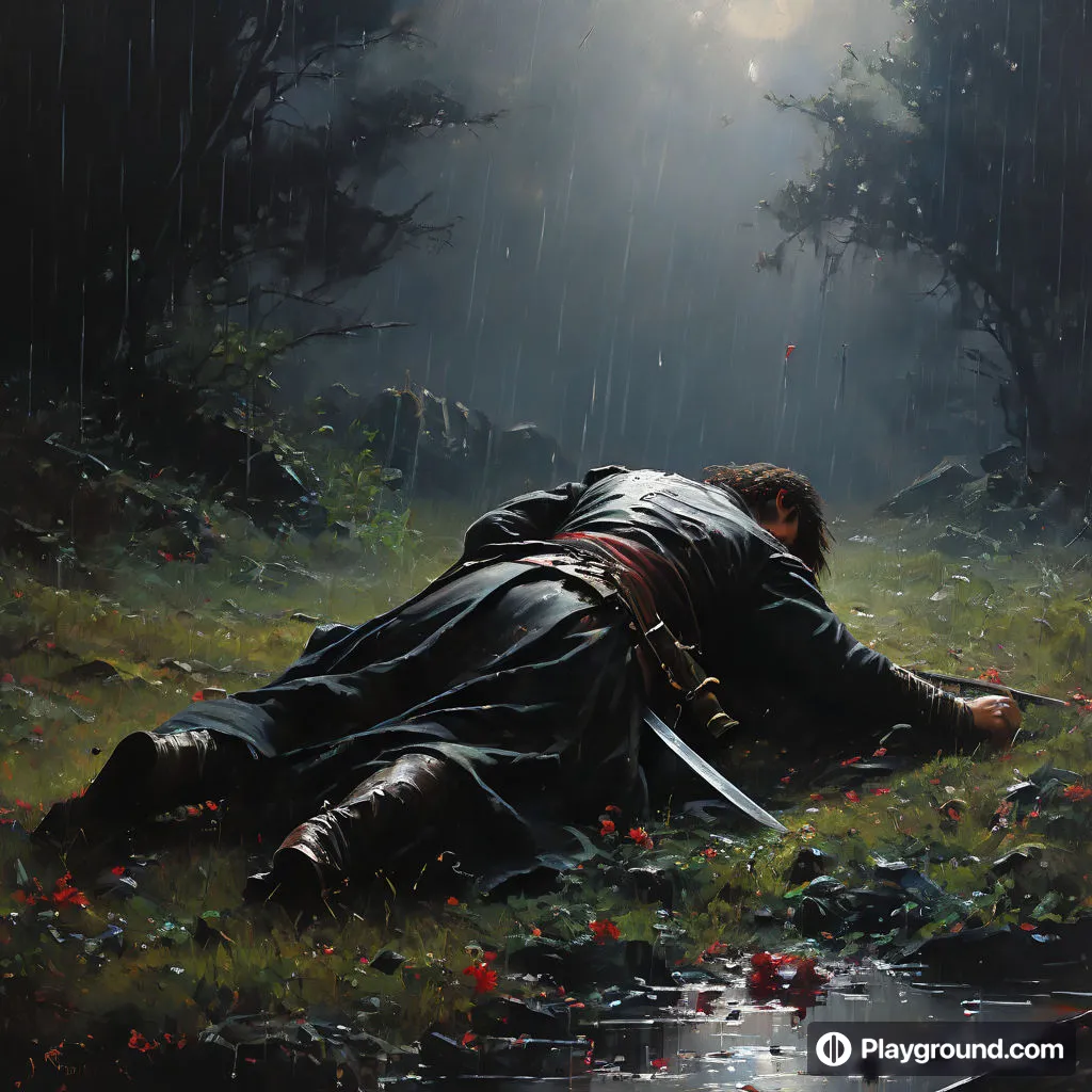 a painting of a man laying on the ground in the rain