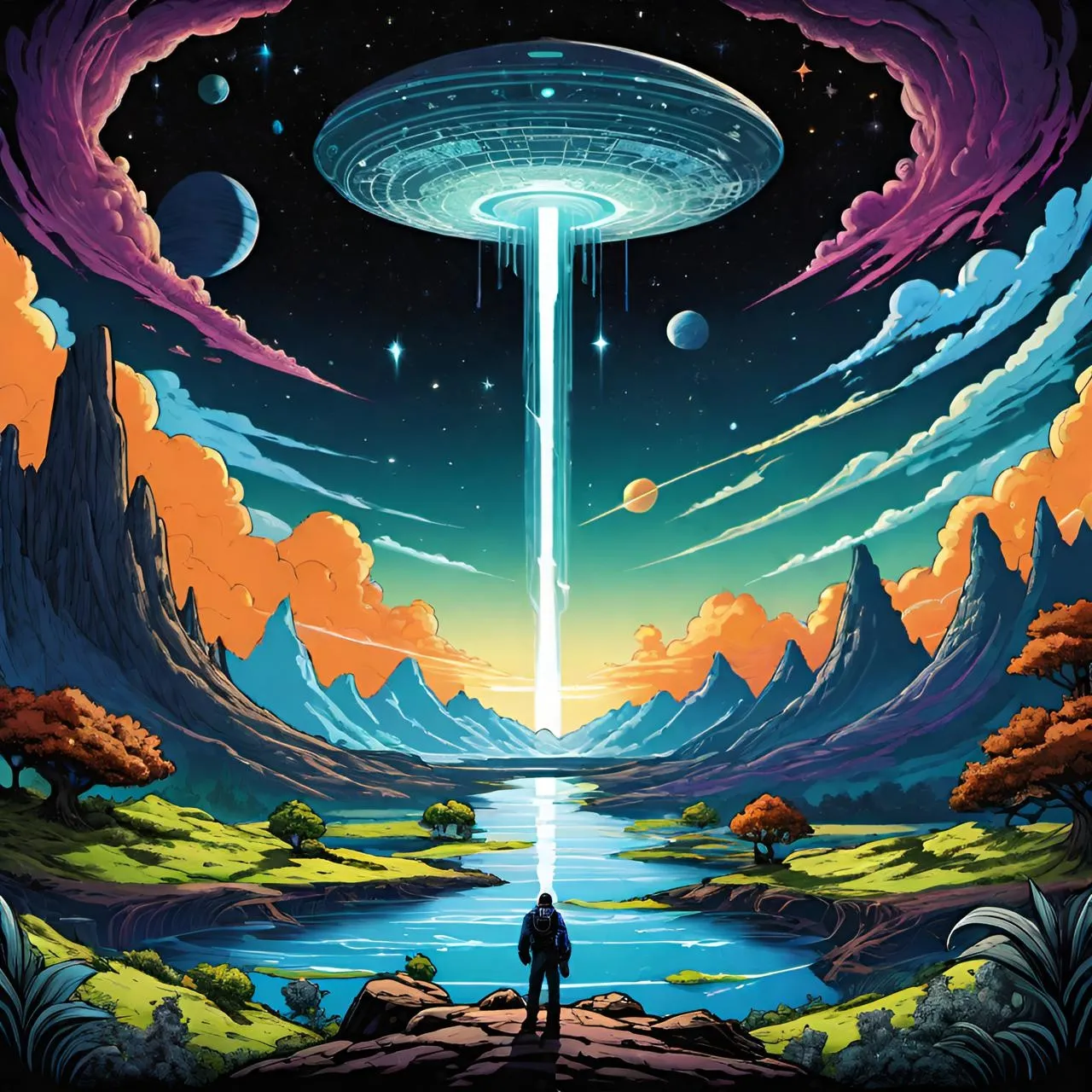 a man standing in front of a painting of an alien landscape